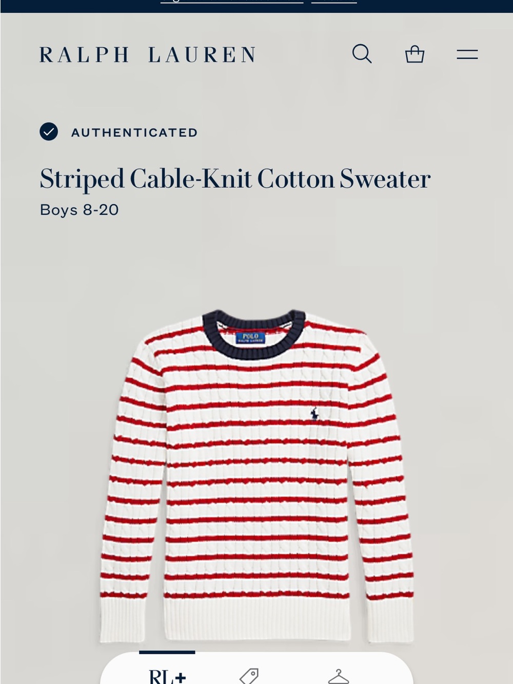 POLO RALPH LAUREN Boys sz XL 18-20 Cable Knit Sweater White Red Striped - Picture 7 of 8